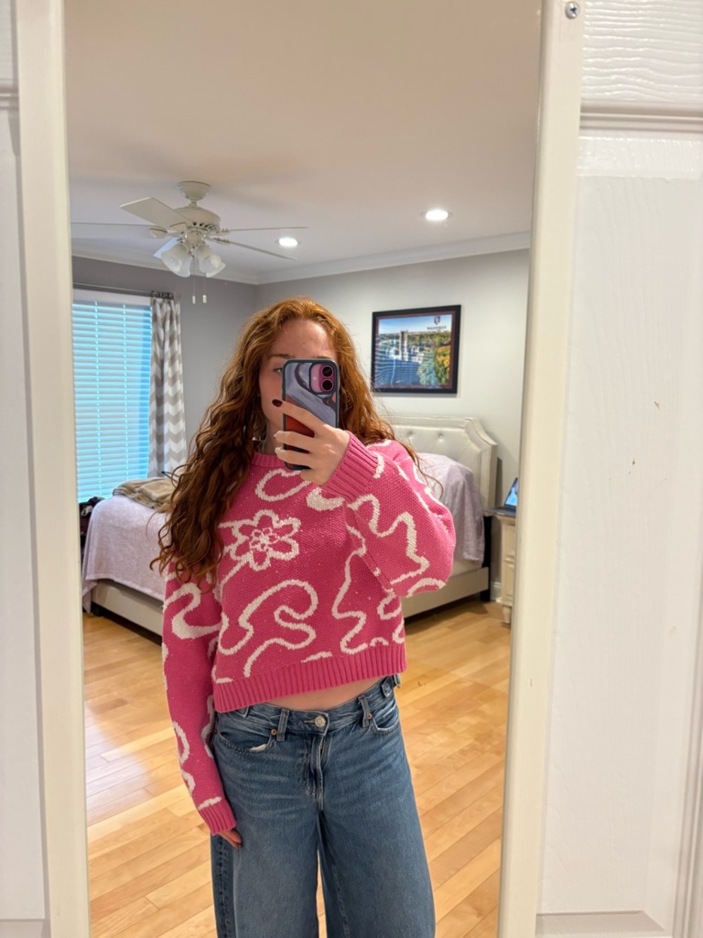 PacSun Pink Floral-Pattern Cropped Crewneck Sweater